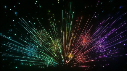 Vibrant glowing fireworks in blue, green, yellow, orange, red, and purple on black background, perfect for festive design