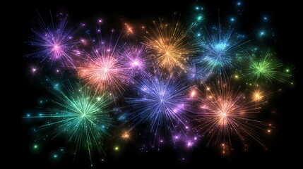 Vibrant glowing fireworks in blue, green, yellow, orange, red, and purple on black background, perfect for festive design