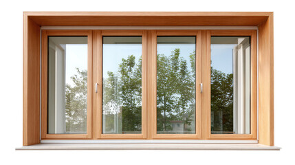 Modern Window View: A modern, light-filled interior design showcasing a large, multi-paned window with a scenic view. Wooden frame window is featured.