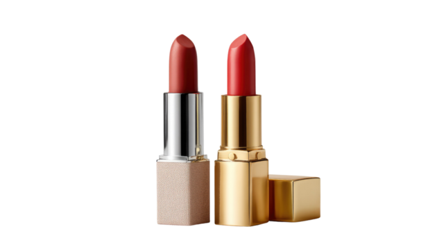 Lipstick Duo: Two elegant lipsticks, one with a silver casing and one with a gold casing, sit side by side, ready for application.  The rich red shades promise a bold and confident look. 