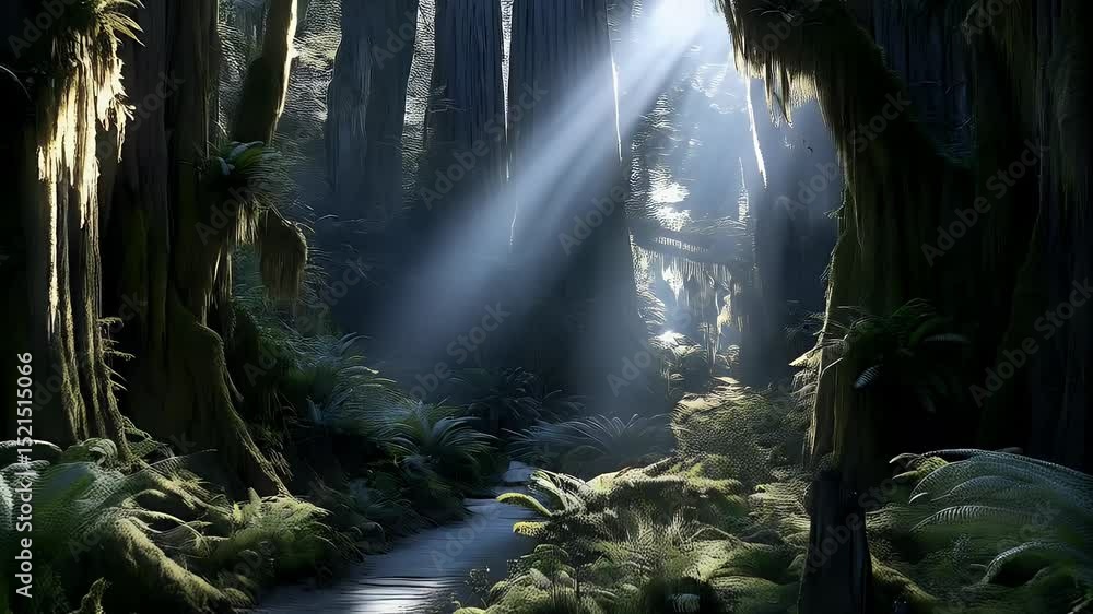 Poster sunlight filtering through a dense forest