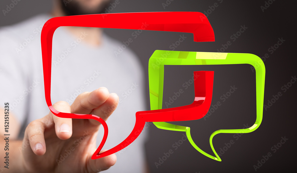 Poster abstract image of a person interacting with colorful 3d speech bubbles, representing communication a