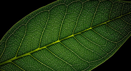 Fototapeta premium Detailed Close Up Of Green Leaf Veins Against Black Background