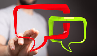 Abstract image of a person interacting with colorful 3D speech bubbles, representing communication...