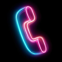 Neon glowing retro phone handset icon in blue and pink colors on black background, perfect for tech, communication, or nightlife design