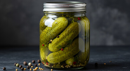Glass jar with pickled cucumber. Homemade fermented vegetable food. Healthy canning and preservation concept.