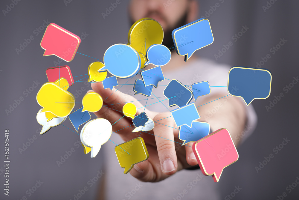 Poster abstract image of interconnected speech bubbles, symbolizing global communication and networking.