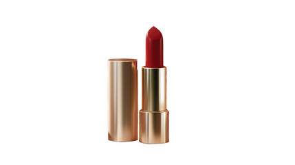 Fototapeta premium Crimson Allure: A stunning close-up of a vibrant red lipstick, its sleek golden casing accentuating the captivating color and allure.