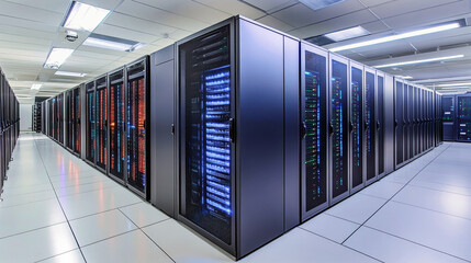 Explore a high-tech data center filled with modern server cabinets showcasing innovation and efficiency in business technology