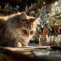 Curious cat plays with a pencil in a cozy, sunlit artist's studio filled with creativity