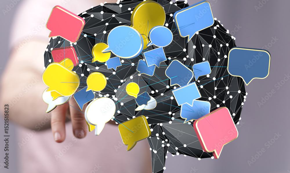 Poster abstract image of a brain with interconnected speech bubbles. concept of communication, ideas, netwo