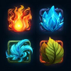 Set of glowing elemental icons with fire, water, ice, and crystal effects, in vibrant blue, orange, and purple colors, ideal for game UI
