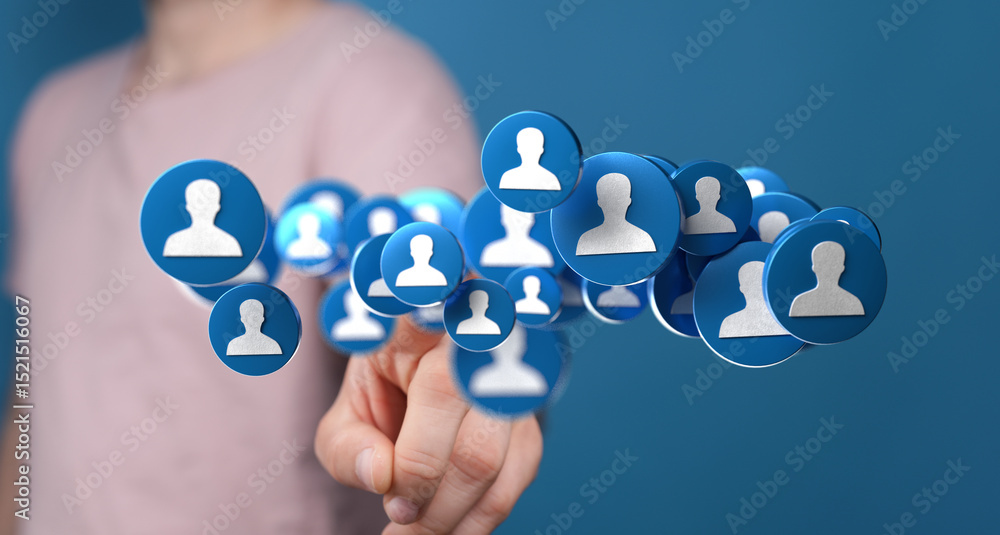 Poster hand interacting with a network of digital profile icons, representing social media, online communit