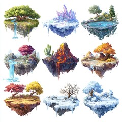 Fantasy floating islands with diverse biomes, vibrant colors, and magical landscapes, perfect for game or book design, computer game asset