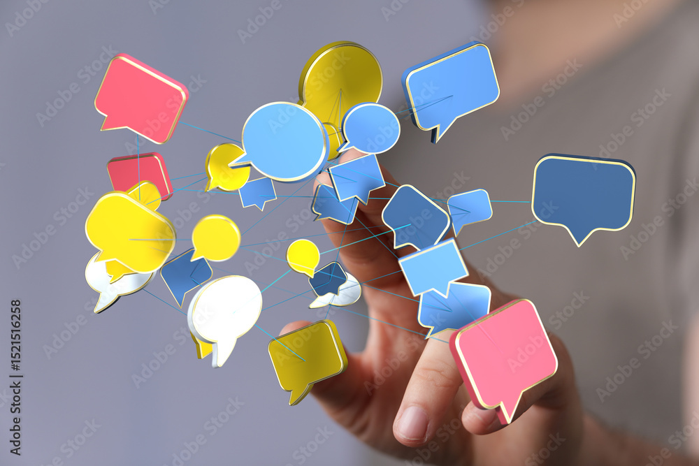 Poster abstract image of interconnected speech bubbles, representing global communication and networking.