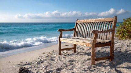 Wooden bench on sandy beach with ocean and blue sky background