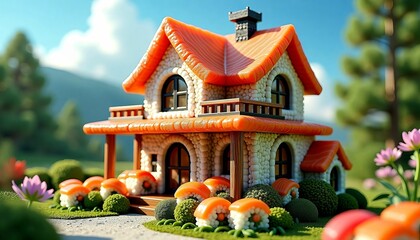 Colorful candy house surrounded by playful gardens and bright flowers in a whimsical landscape
