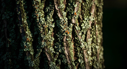 Obraz premium Textured Tree Bark Exhibiting Symbiotic Fungi Growth In Harsh Outdoor Environment