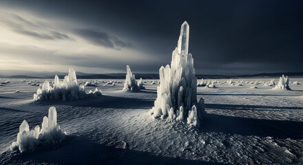 Mystical Ice Formations Emerging From The Frozen Landscape Under Dim Lighting