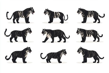 Naklejka premium Bundle of modern cartoon tiger illustrations in black and white
