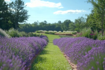 Serene lavender field with rows of purple flowers and a blue sky.