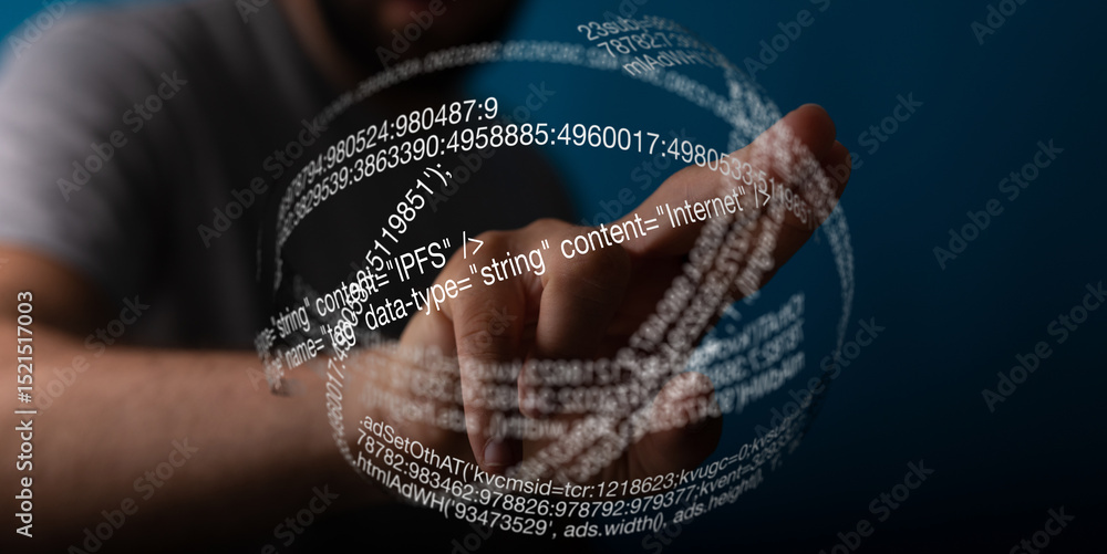 Poster close-up of a hand interacting with a holographic sphere filled with data code.