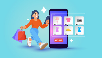 A happy woman is shopping on a mobile commerce app. A cheerful customer with shopping bags makes a fast purchase from an online fashion store on her smartphone. M-commerce and retail concept.