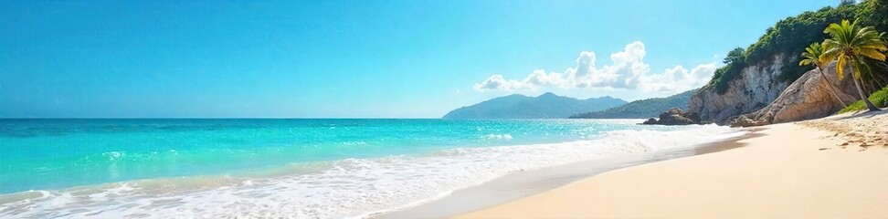 Obraz premium Bright sunny day at the beach, waves gently lapping the shore, vibrant blue sky Perfect summer vacation scene, idyllic coastal landscape Relaxing, peaceful atmosphere , summer, sun