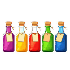 Colorful Potion Bottles: A collection of colorful potion bottles, each filled with a vibrant liquid and sealed with a cork and blank label, showcasing the enchanting allure of magical concoctions.