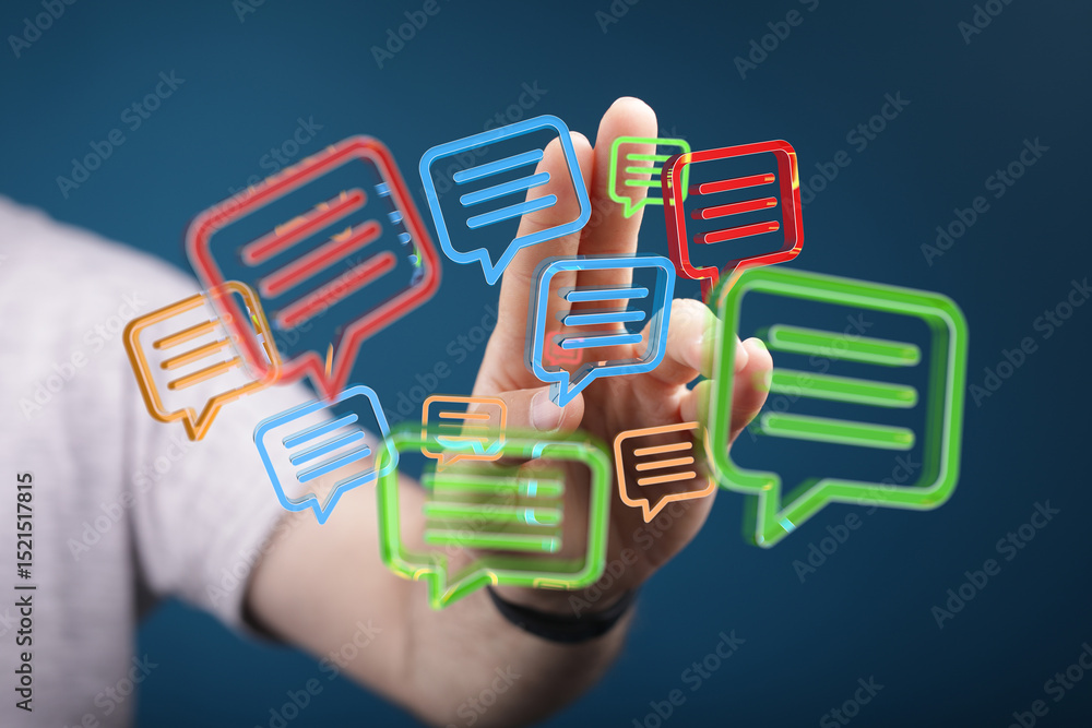 Poster abstract image of a hand interacting with colorful message bubbles, representing communication, soci