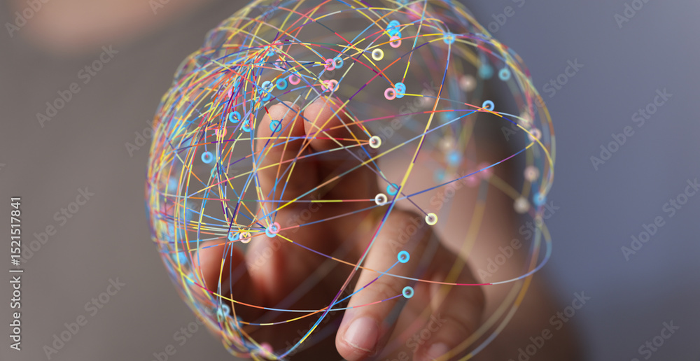 Fototapete Abstract image of a hand interacting with a colorful global network, representing connection and communication.