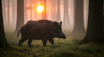 Wild Boar Foraging At Dawn In Forest, Tranquil Nature Scene