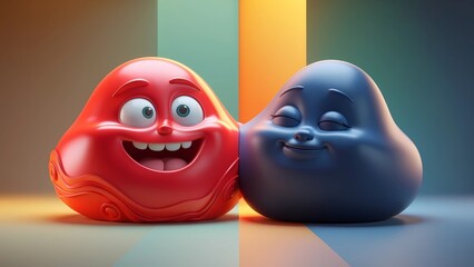 Cute 3D Cartoon Characters &ndash; Red and Blue Round Creatures with Big Eyes and Expressive Faces &ndash; Whimsical Design for Kids Animation, Toy Branding, or Emotional Contrast Themes in Playful Style