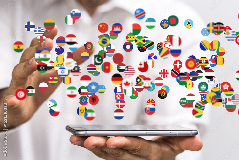 Poster image of hands holding a phone with floating world flags, symbolizing global communication and inter