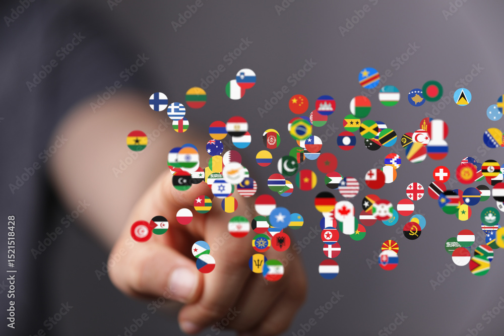 Poster image of a hand interacting with a digital display of world flags, symbolizing global connectivity a