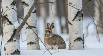 Obraz premium Hare Resting Among Birch Trees In Winter Scenic Landscape