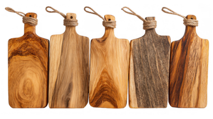 Five empty rustic wooden cutting boards of different wood types and colors are hanging from jute ropes on a transparent background, ready for your next culinary creation