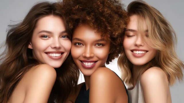 Diverse group of three joyful women with beautiful skin and stylish hair posing together on neutral background