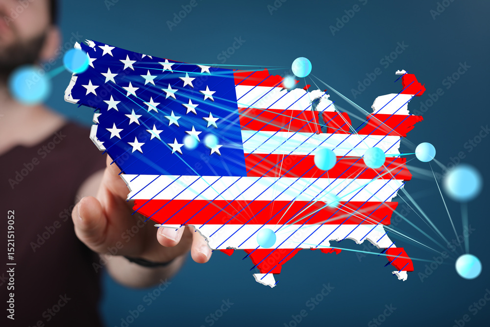 Aufkleber Stock photo of a digital map of the USA with network connections. Ideal for technology, communication, and connectivity concepts.