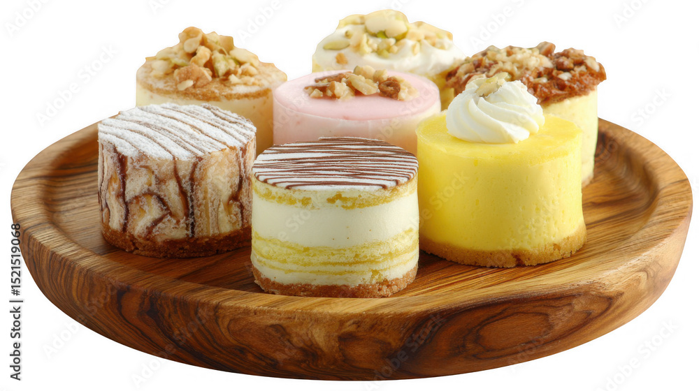 Poster six small round cakes with various toppings and flavors are beautifully arranged on a rustic wooden 