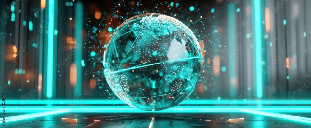 Poster the futuristic globe surrounded by shimmering visual elements and light effects.