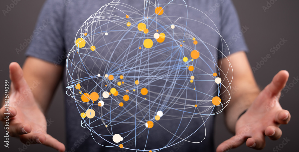 Poster Abstract image of a man presenting a network of interconnected data points, symbolizing global connection and digital transformation.