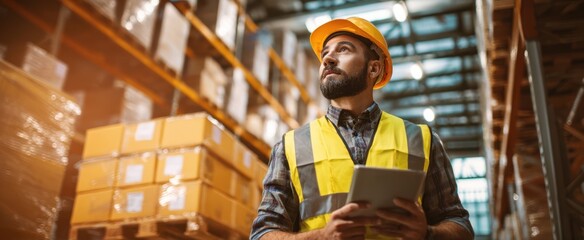 The worker in a warehouse using a tablet to manage inventory and logistics.