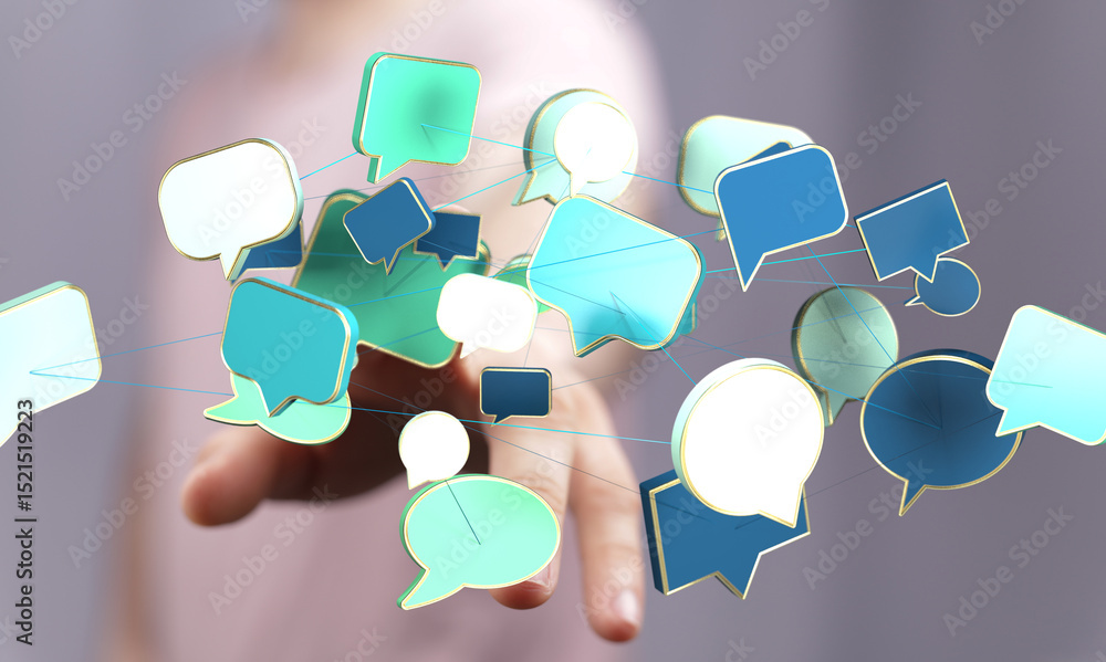 Poster abstract image of interconnected speech bubbles, representing global communication and networking.