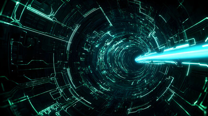 Abstract Glowing Green Tunnel With Digital Light Beam