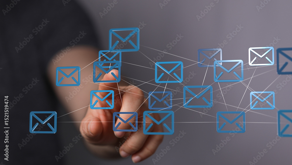 Poster image of interconnected email icons, representing global communication and networking.
