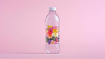 Colorful Floral Design On Clear Water Bottle Against Pink Background
