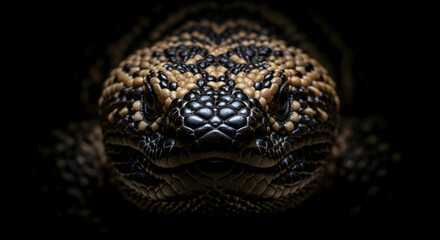 Detailed Close Up Portrait Of Gila Monster Face In Dark Environment