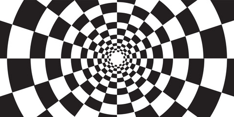 Abstract checkered circle frame vector illustration. Vintage black and white alternating square tiles circular border. Checkerboard round race flag.