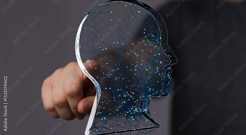 Poster abstract image of a digital brain network, highlighting neural pathways and connections.